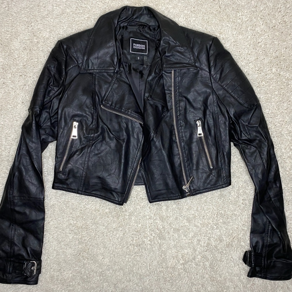 Foreign Exchange Cropped Faux Leather Jacket Size Small
